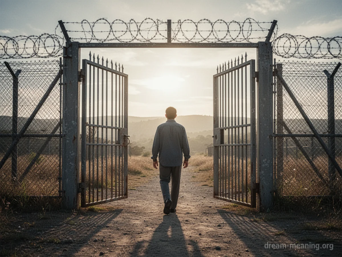 A person walking away from a prison towards a brighter horizon.
