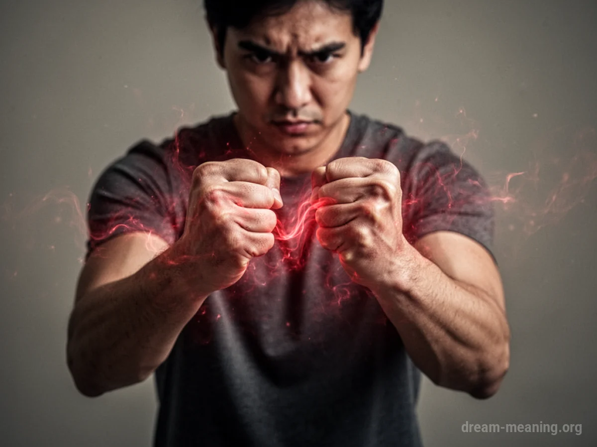 A person's hands clenched into fists, with a soft red glow around them.