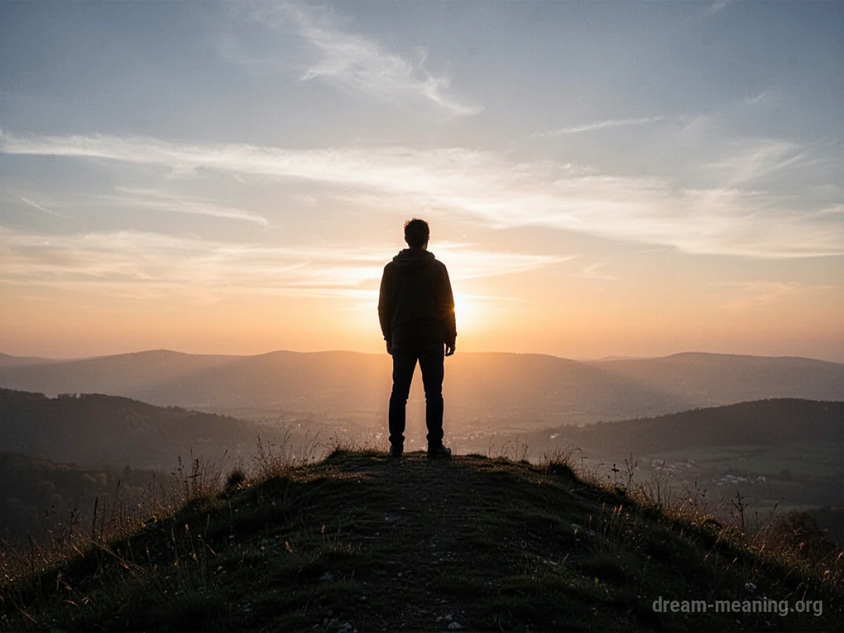 Silhouette of a person on a hill facing the sunrise.