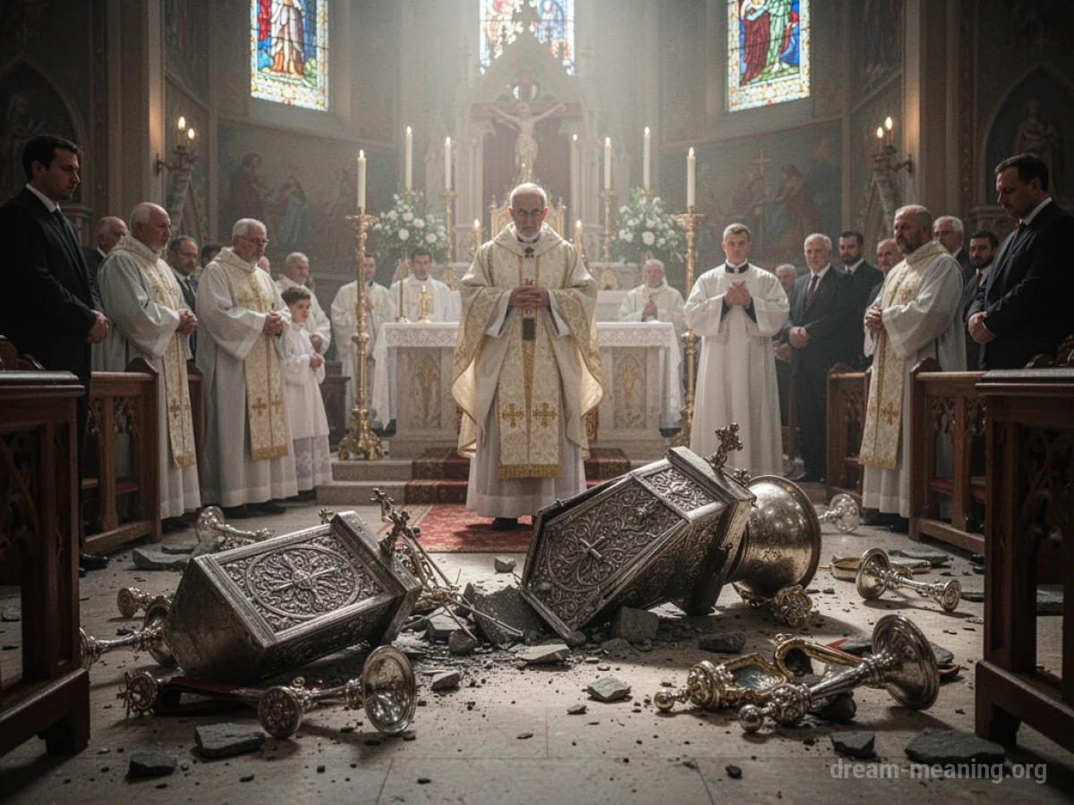 A religious ceremony in disarray with scattered ceremonial items.