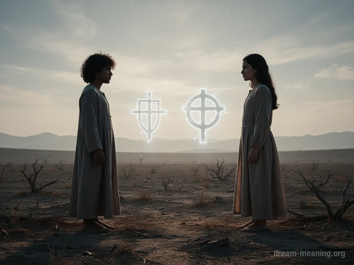 Two silhouetted figures standing apart in a desolate area with abstract symbols between them.