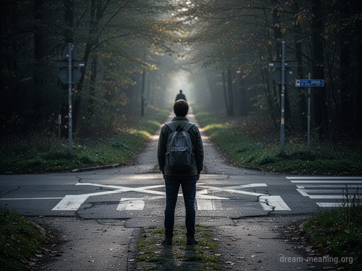 A solitary figure stands at a fork in a path, gazing backwards down a shadowy trail.