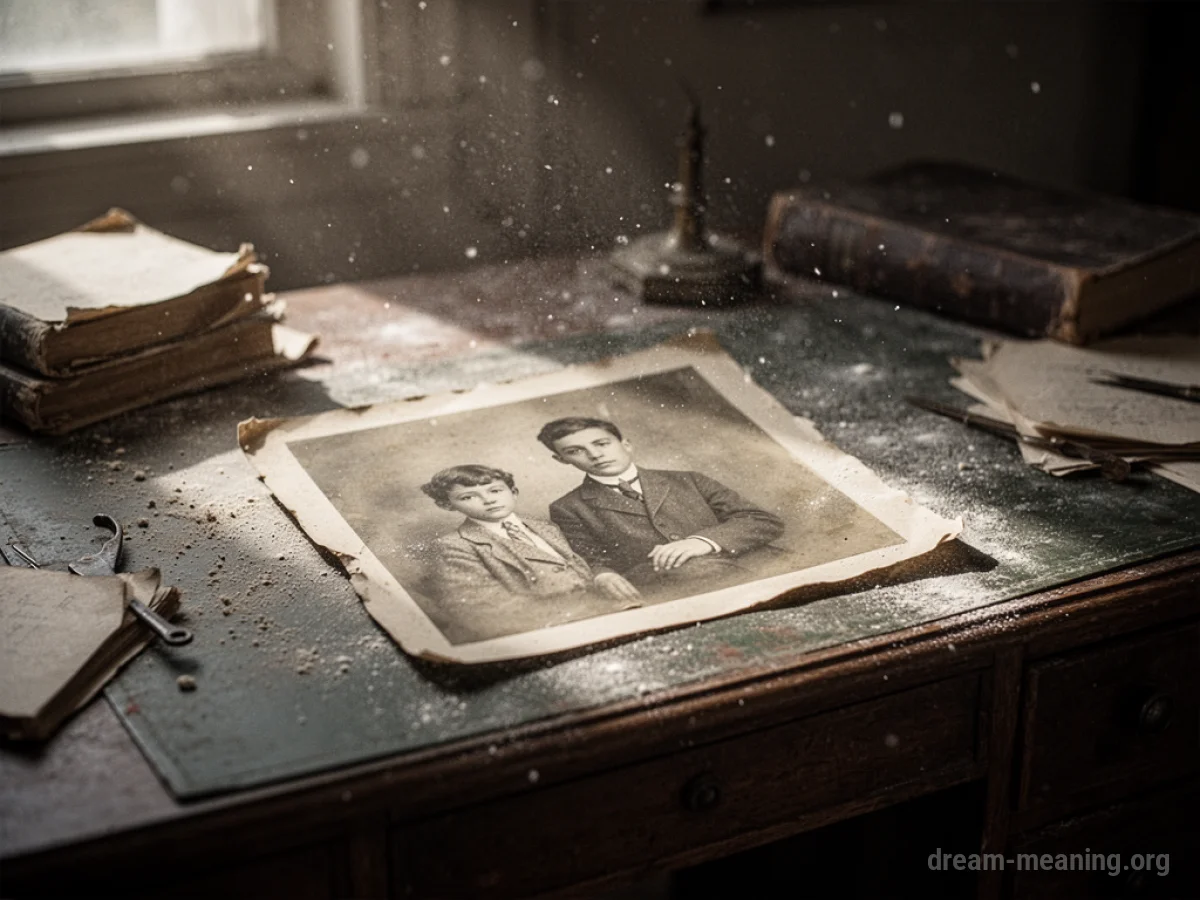 A vintage photograph resting on a dusty wooden desk surface.
