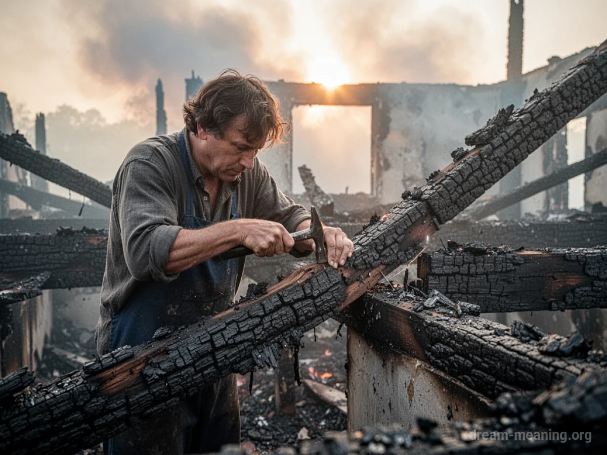 A person working on mending burnt wooden beams with tools, sunlight filtering through smoke.