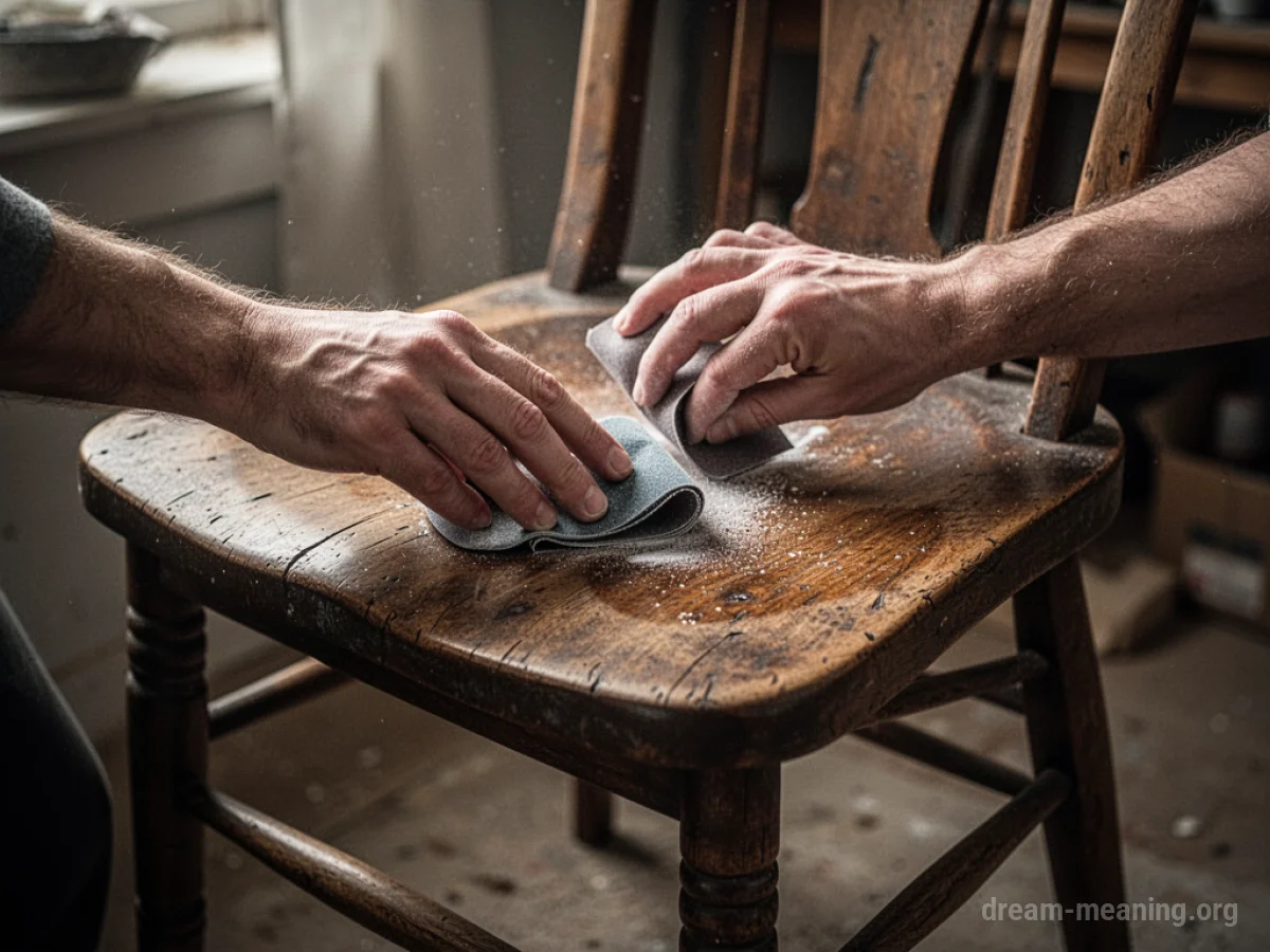 Close-up of hands working on antique wooden furniture.