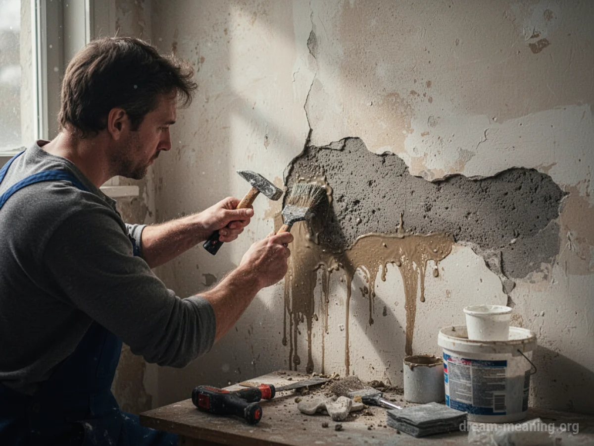 A person repairing a damaged wall with tools.