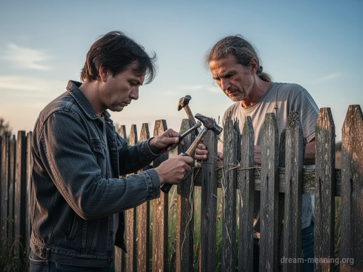 Person repairing a wooden fence with tools.