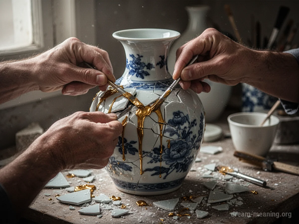 Hands mending a broken vase with golden glue.