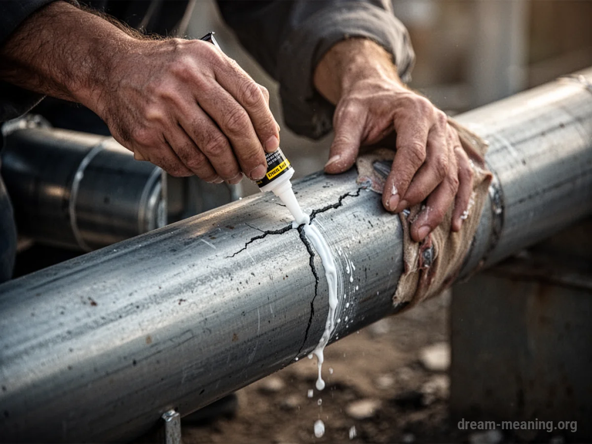 Hands applying sealant to a cracked pipe.