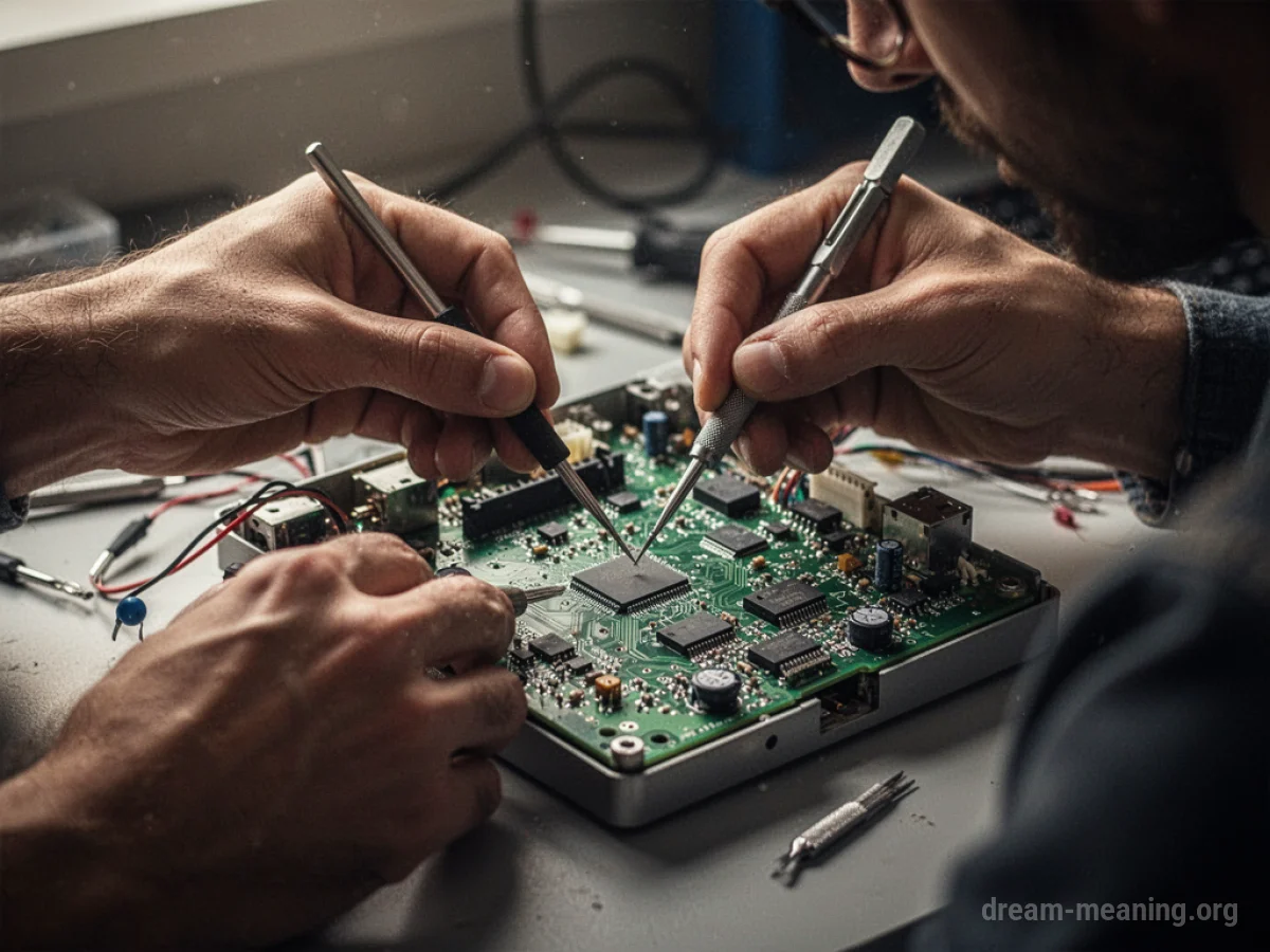 Hands working on an open electronic device with tools.