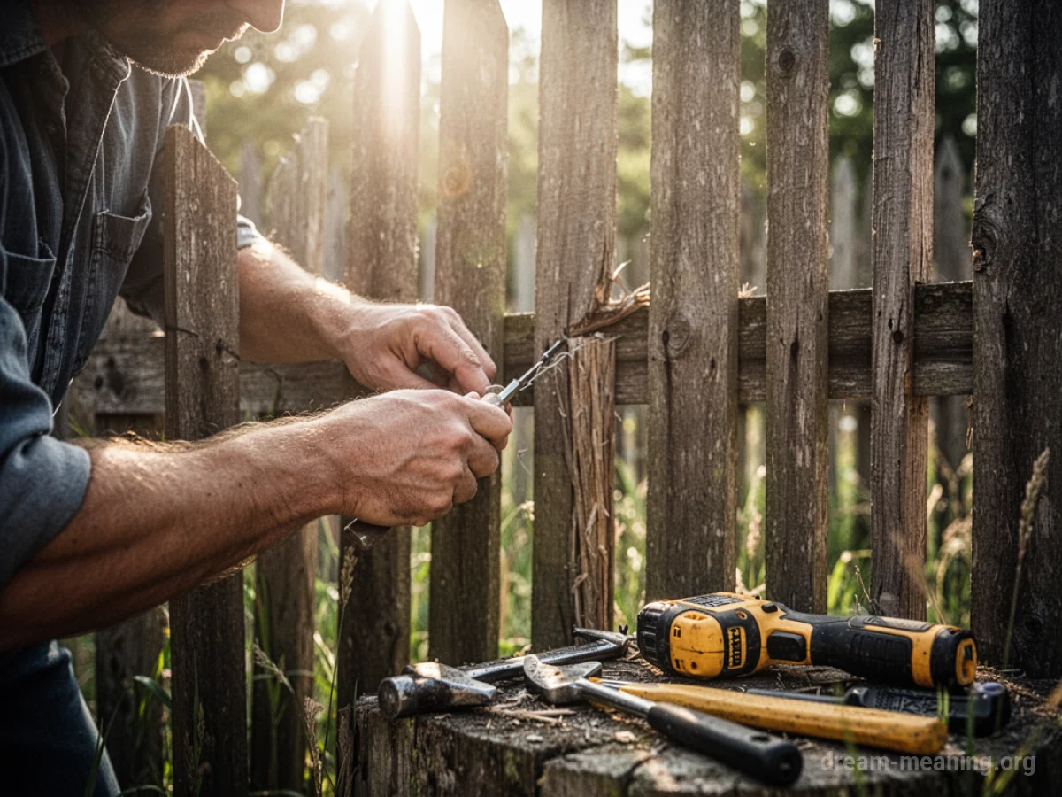 Hands mending a wooden fence.