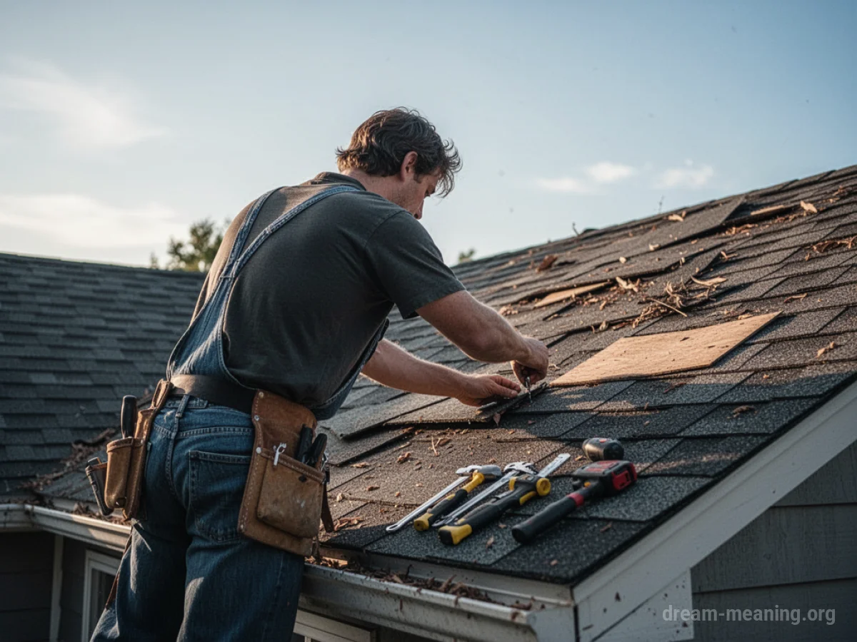 Person mending shingles on a house roof.