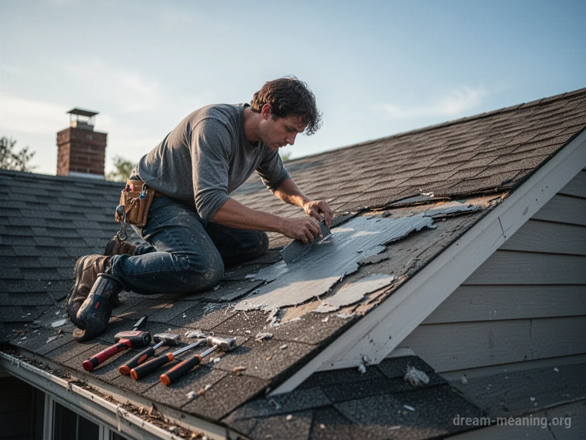A person patching a roof with tools nearby.