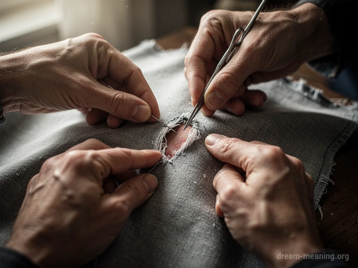 Close-up of hands sewing a rip in cloth.