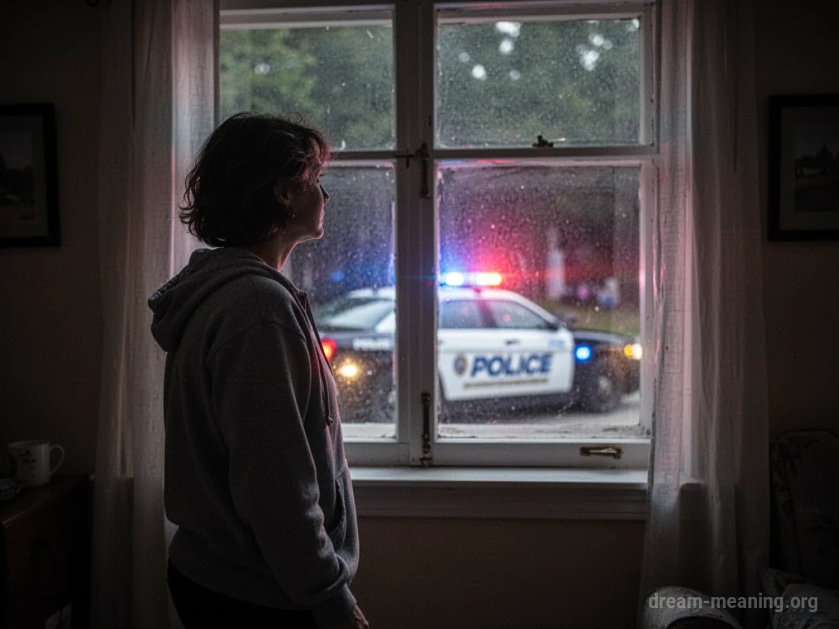 Silhouette of a person looking out a window at flashing blue and red lights.