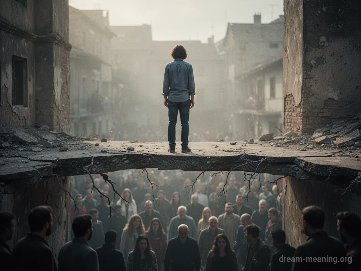 A person on a crumbling ledge above a crowd.