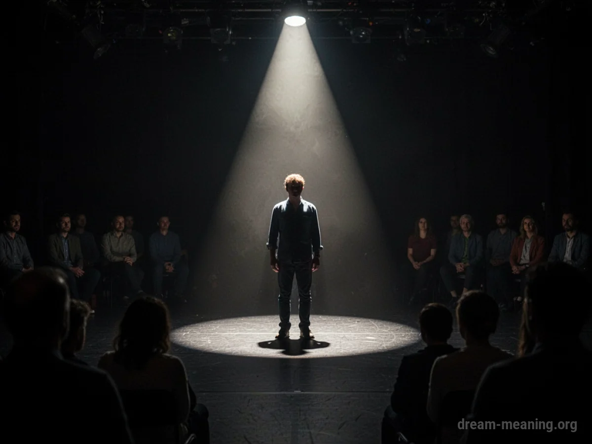 Silhouette of a person under a spotlight with indistinct figures in the background.