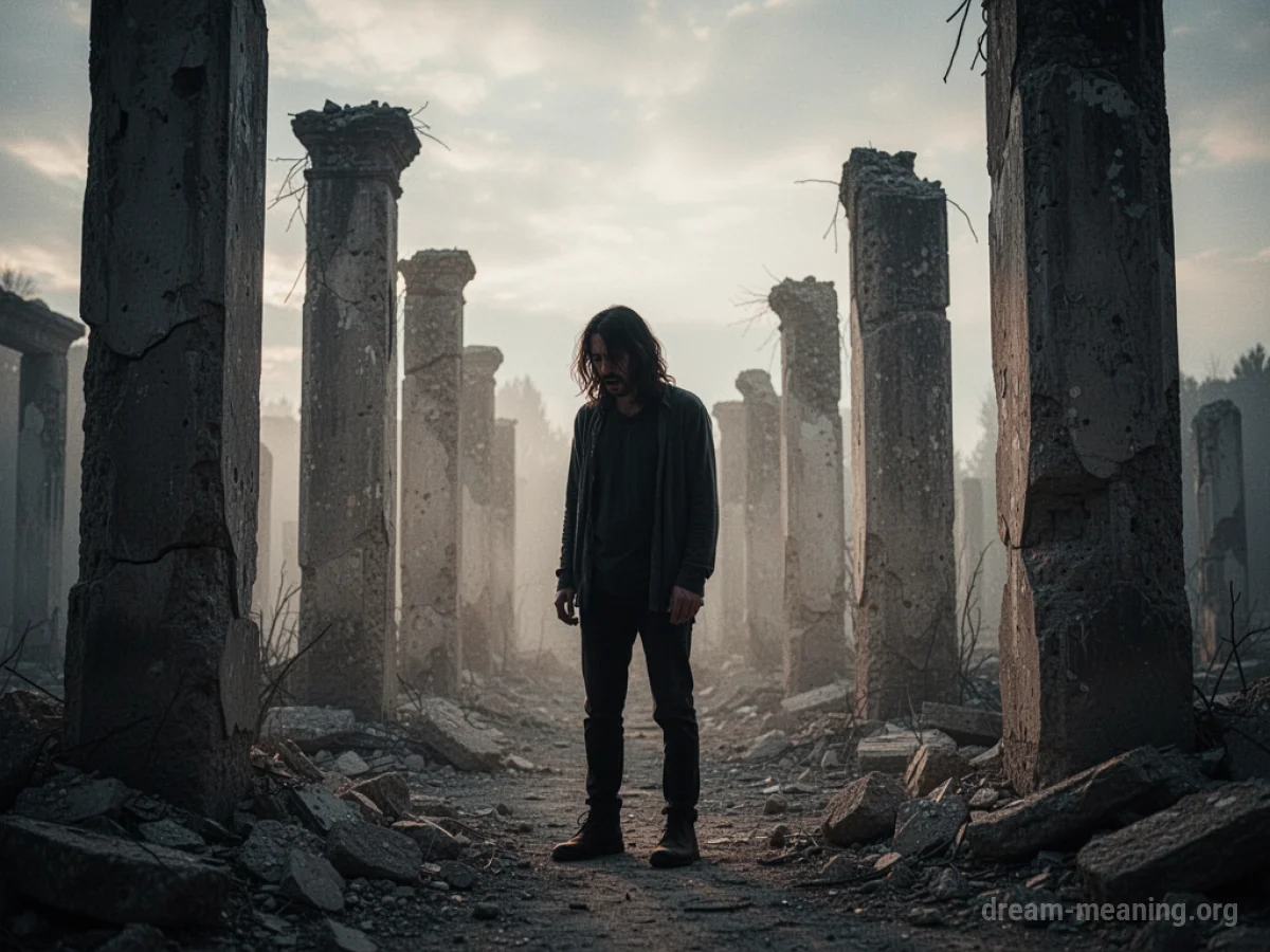 A person stands before a crumbling building.