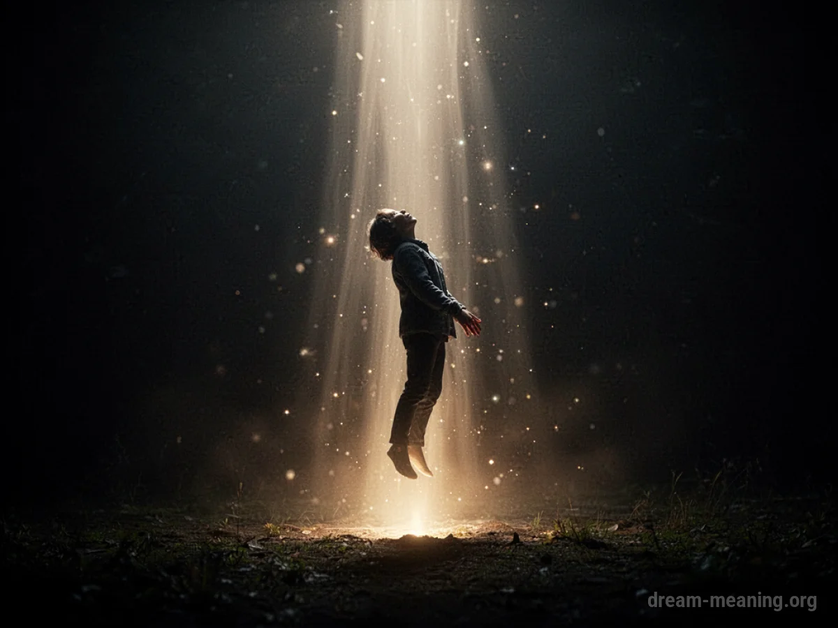 Silhouette of a person being lifted by a beam of light.
