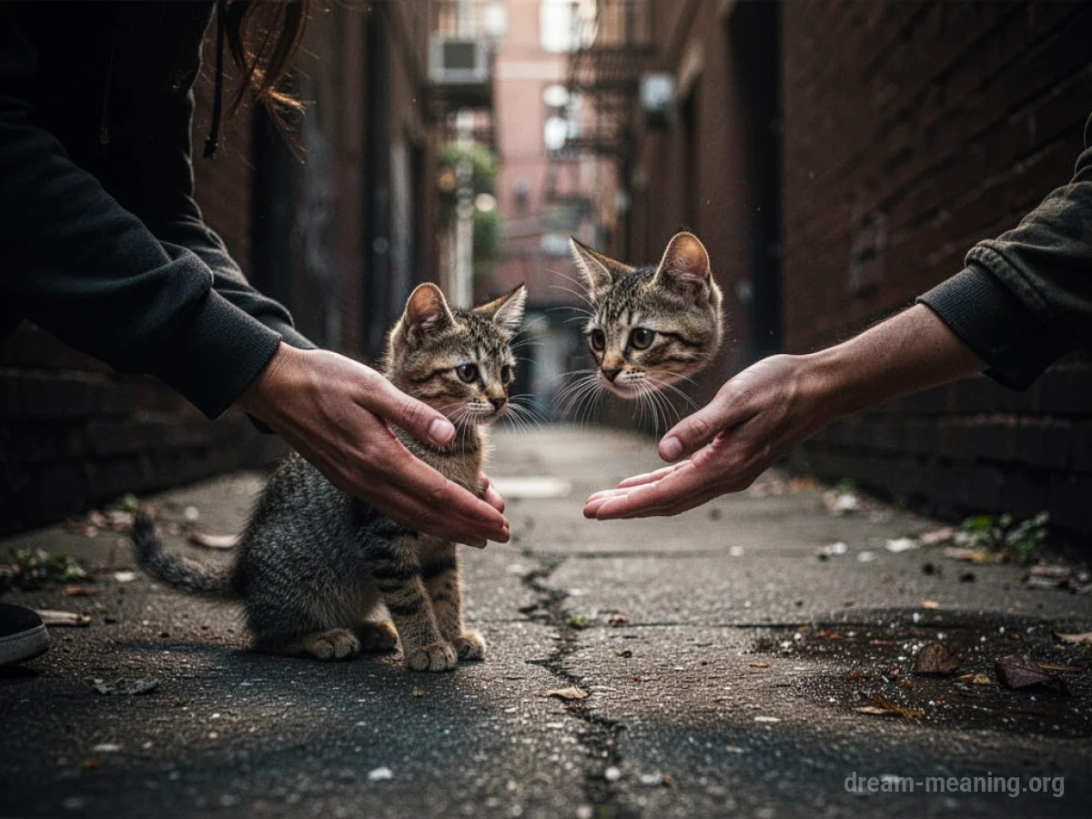 Hands reaching towards a small cat.