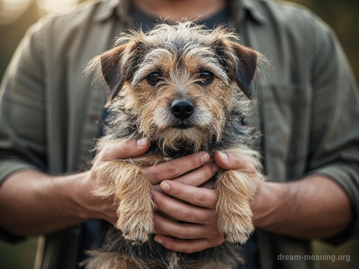 Hands holding a small dog.