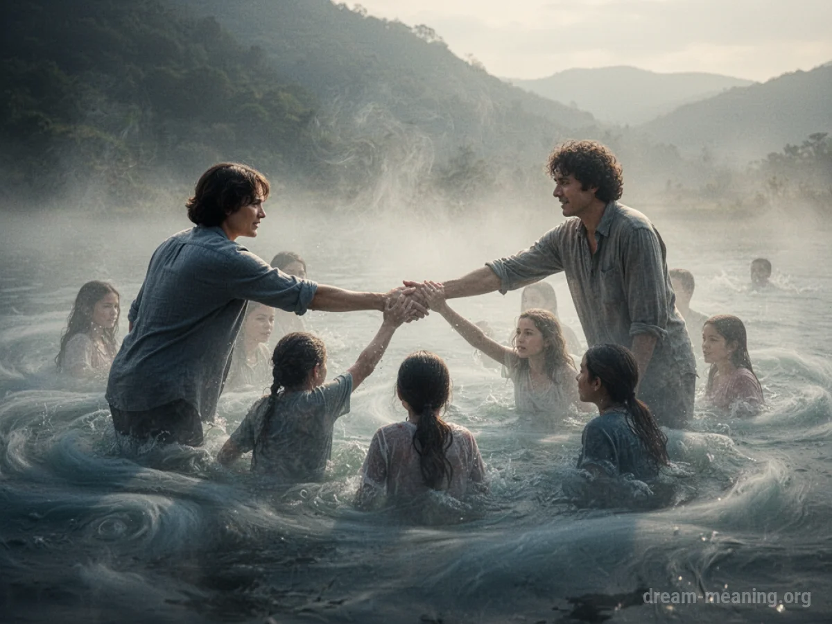 A hand reaching out to lift several indistinct figures from a hazy environment.