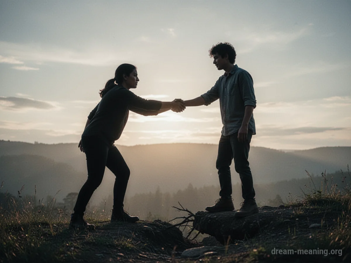 Silhouette of one person extending a hand to another.