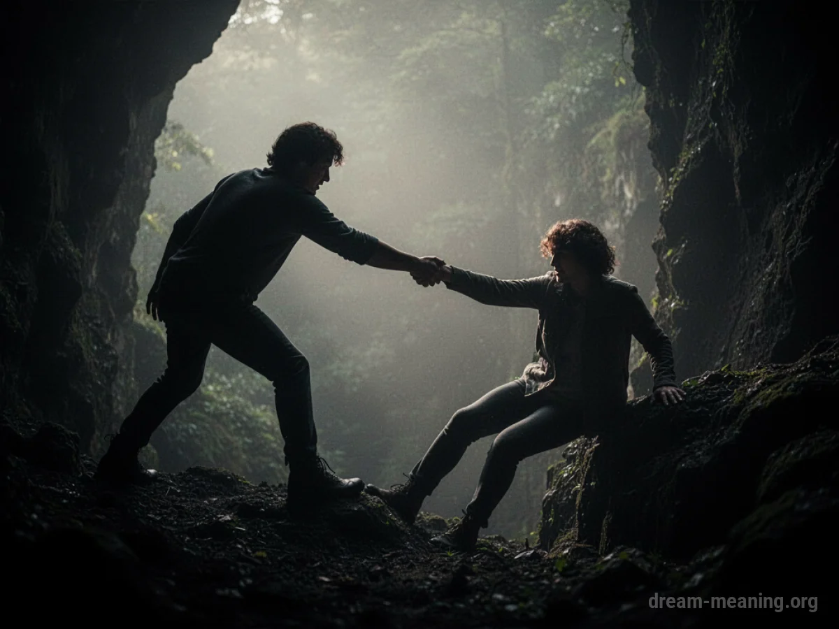 Silhouette of one person extending a hand to help another person.