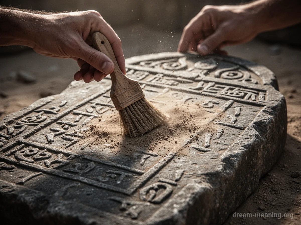 A hand holding a brush over a stone artifact with carvings.