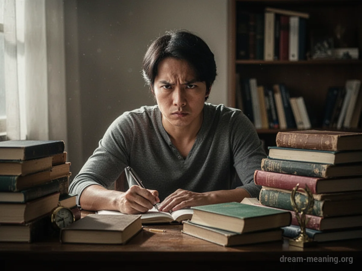 A person studying at a desk piled with books.