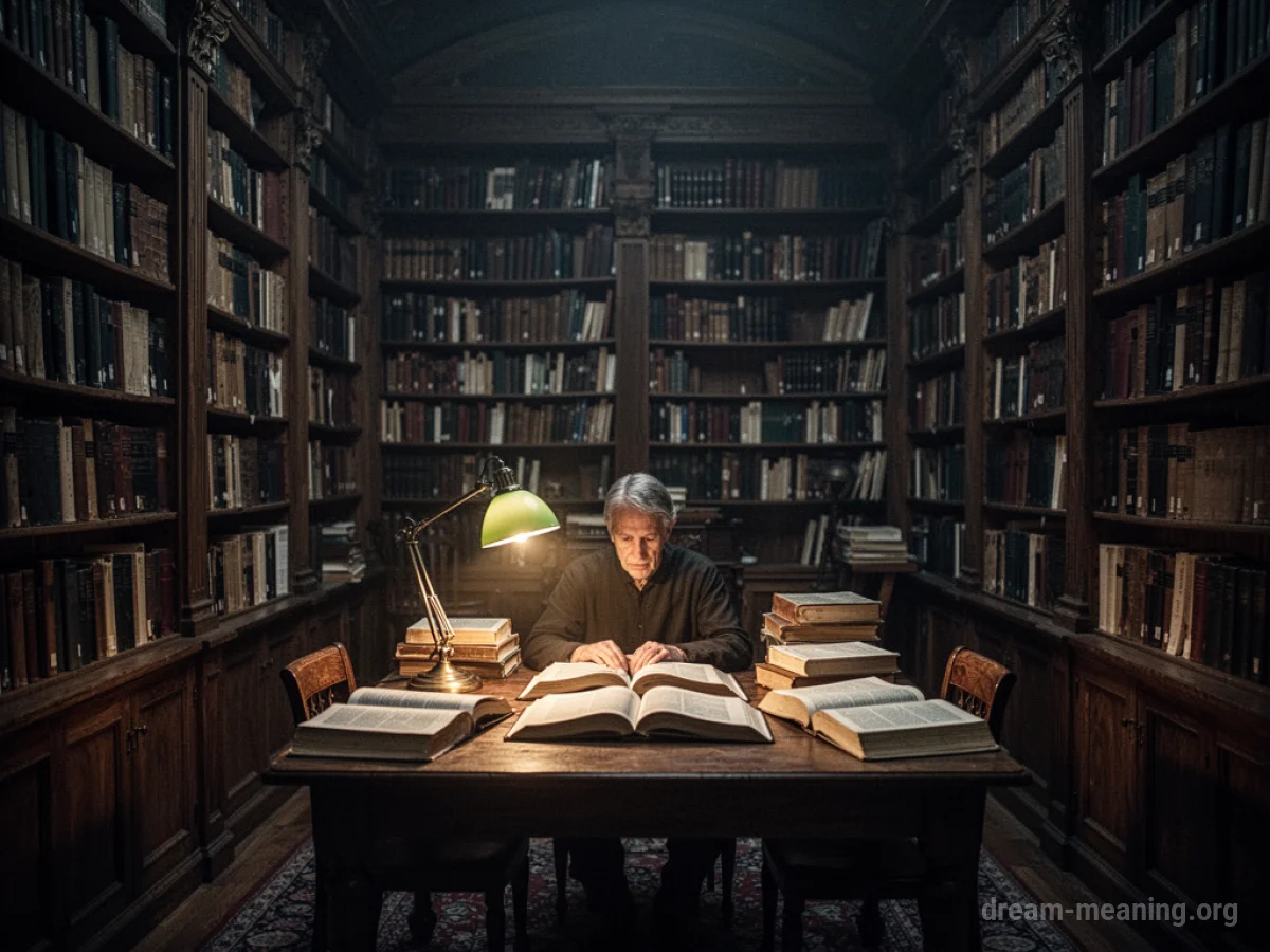 A person studying alone at a desk in a large, quiet library.