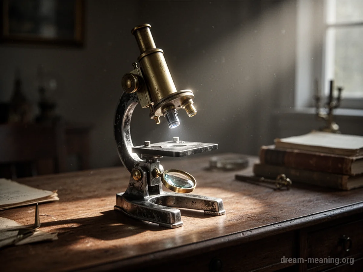An old-fashioned microscope positioned on a desk surface.