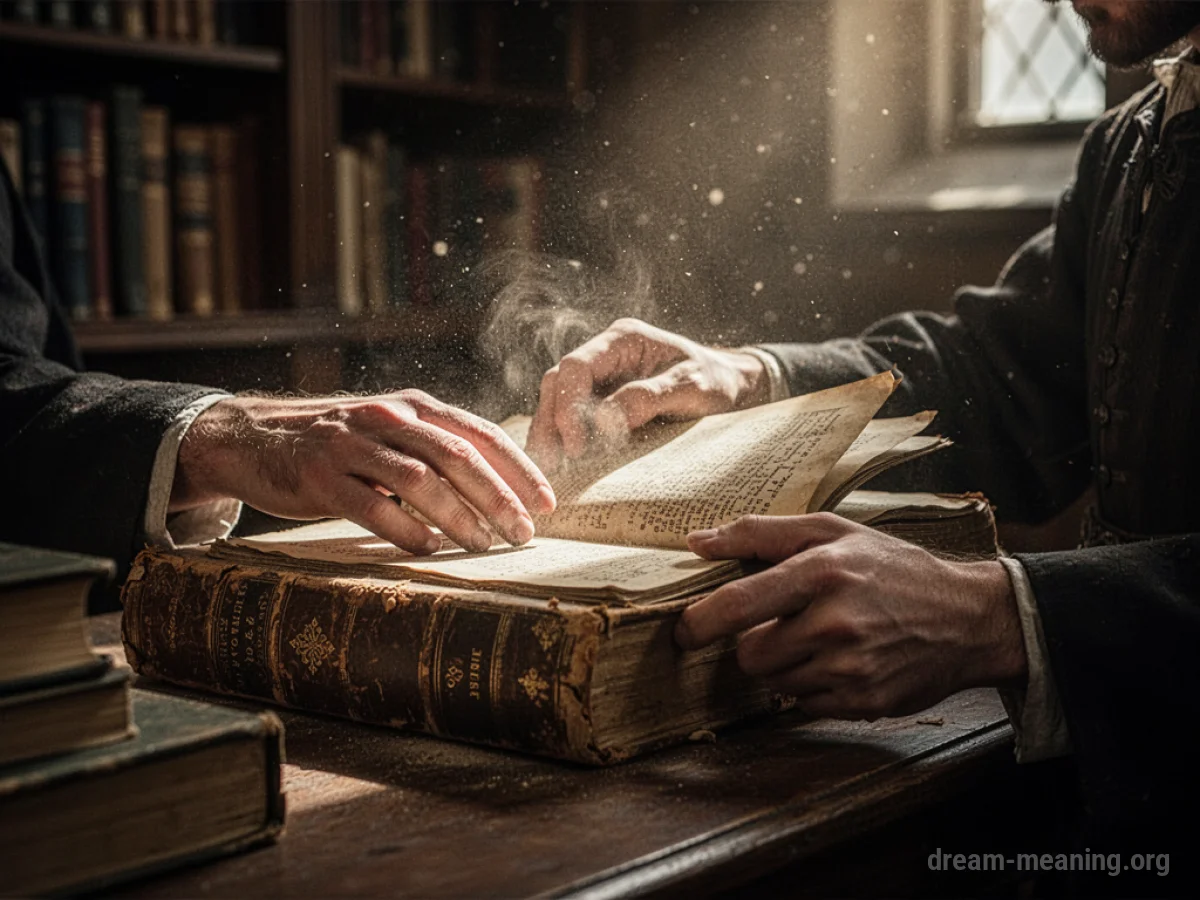 Hands turning pages of an old book.