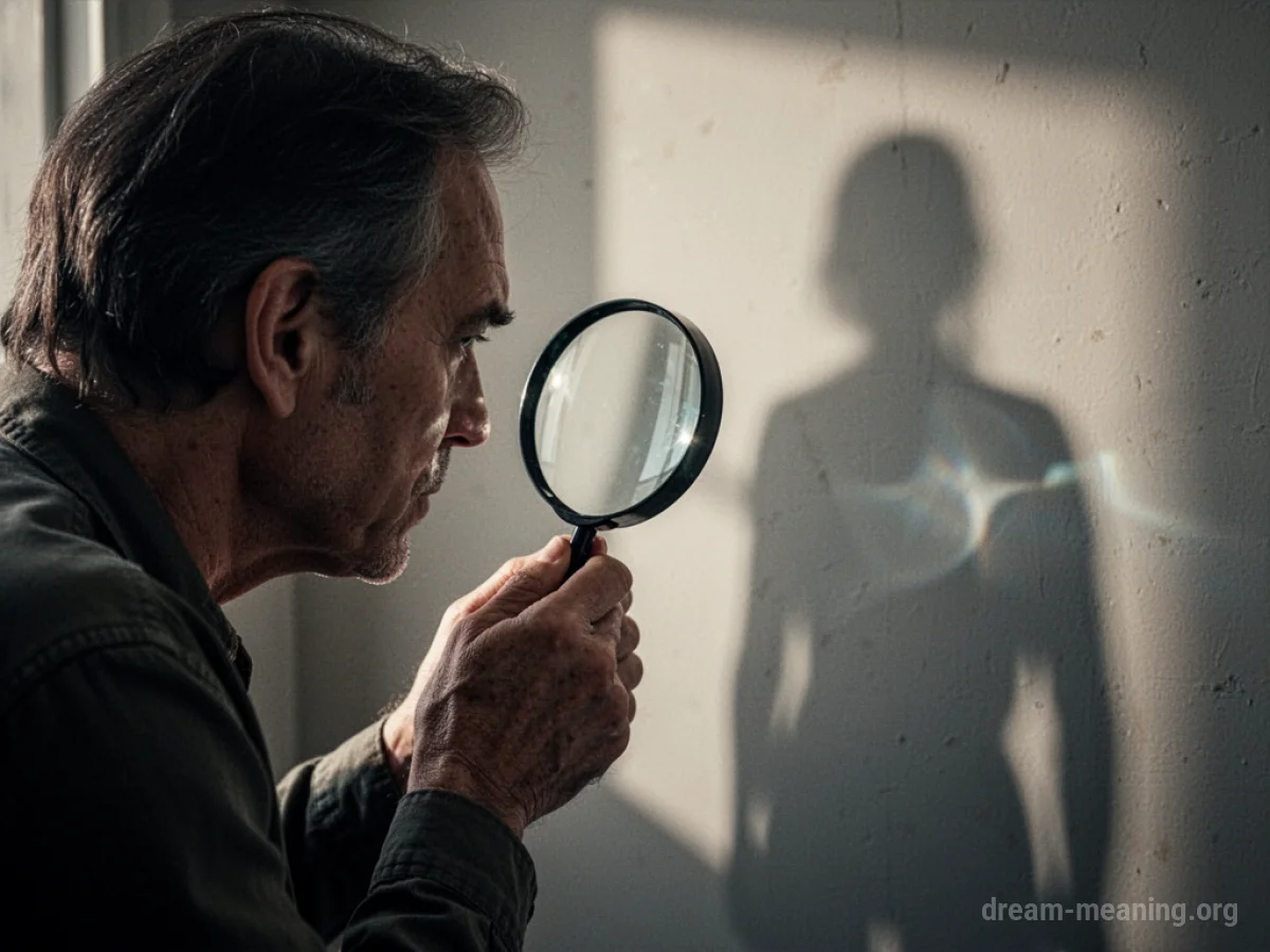 A person peering through a magnifying glass at a shadowy figure.