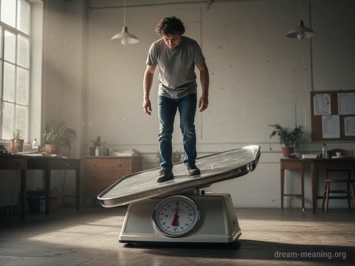 A person struggling to balance a large, tilted scale.