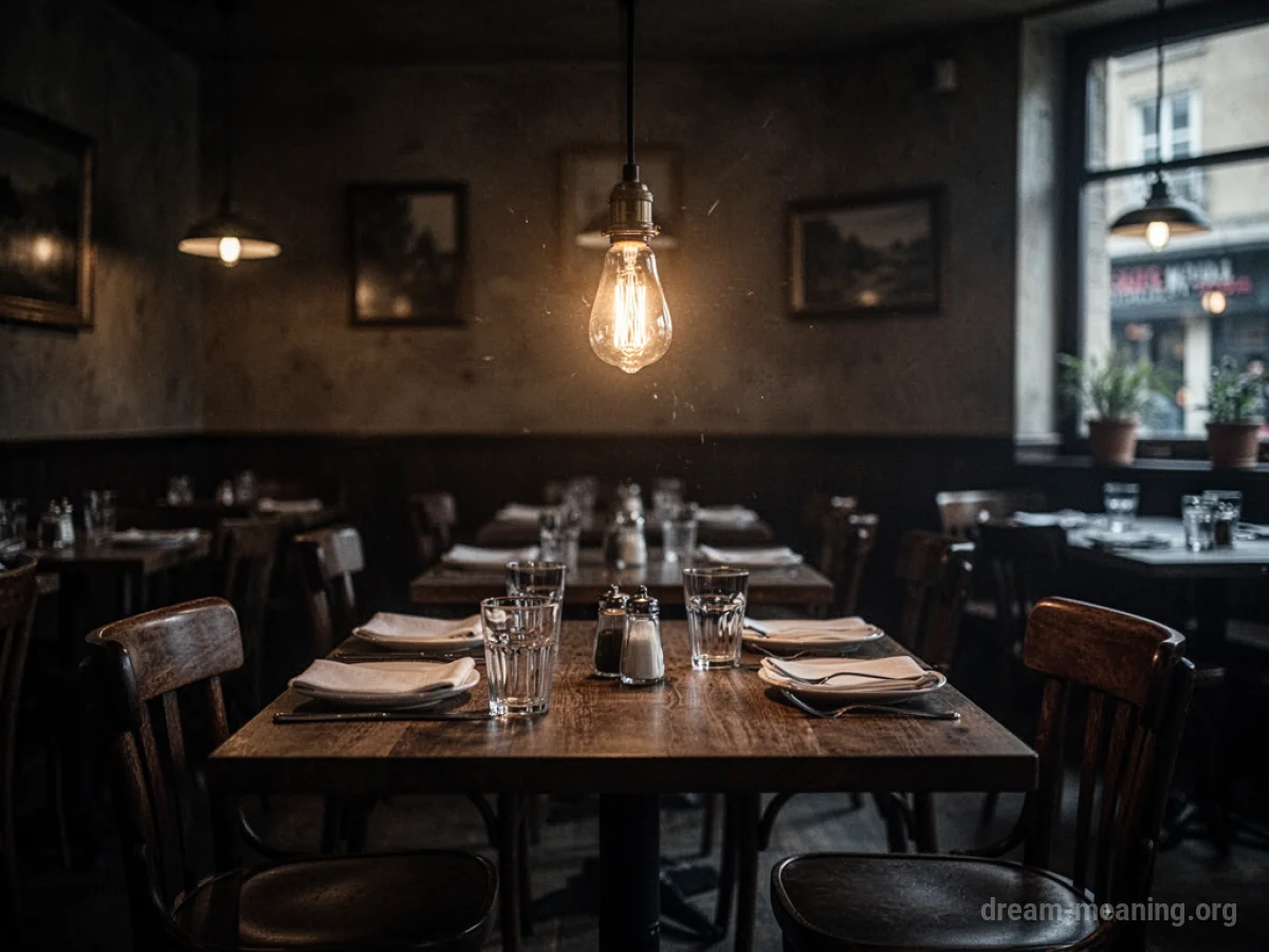 An empty restaurant interior with a single lightbulb.