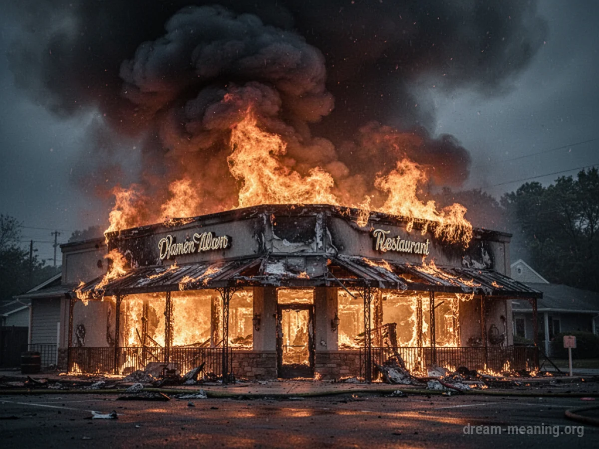 A restaurant building interior with flames and smoke.