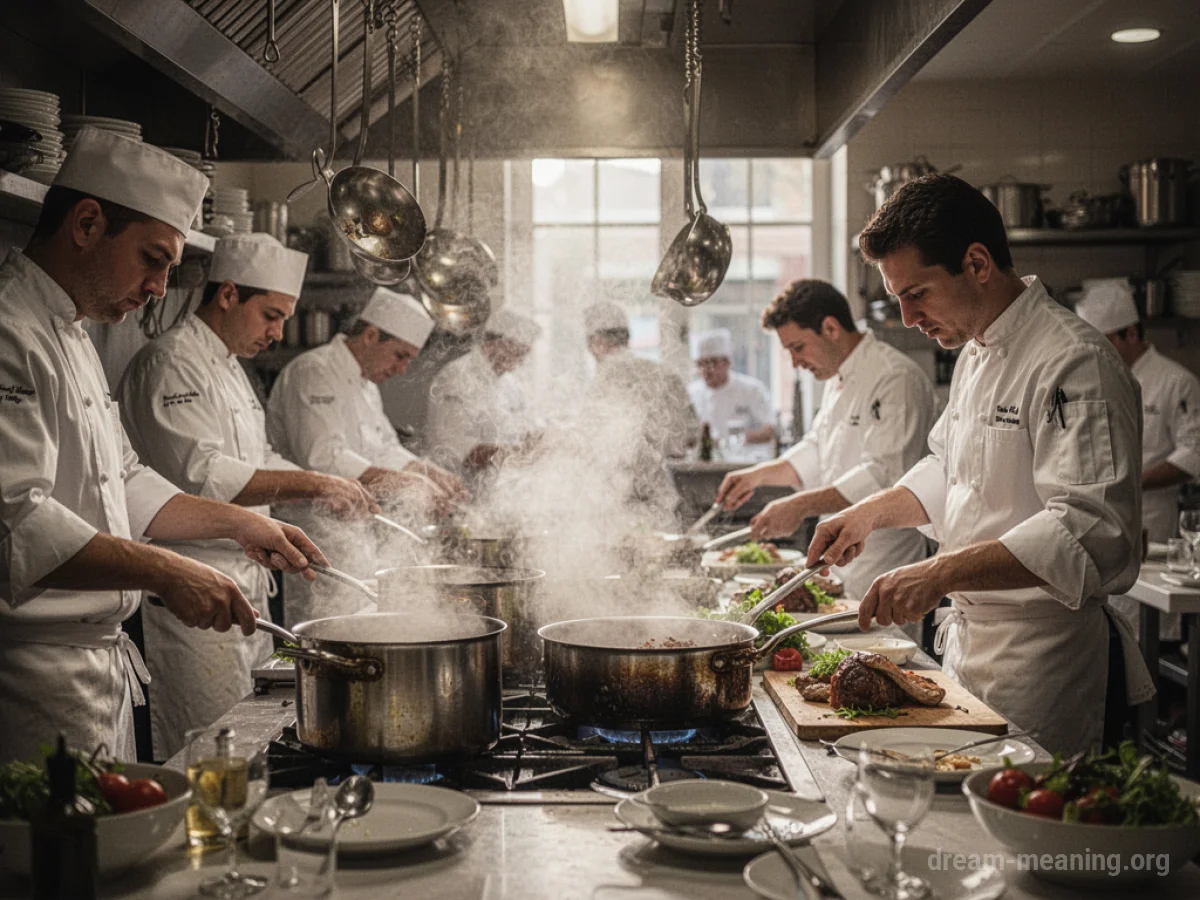 Busy restaurant kitchen with chefs cooking.