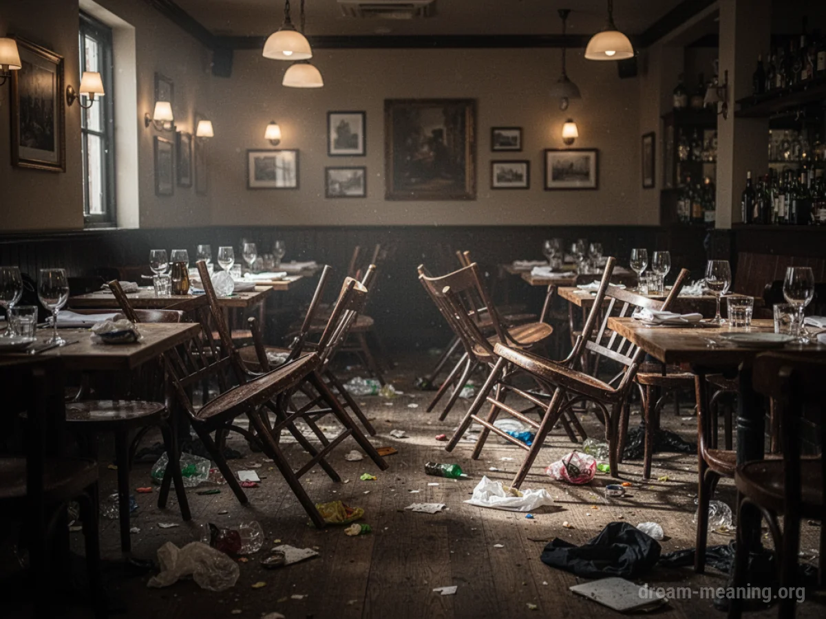 An empty restaurant with disordered furniture.