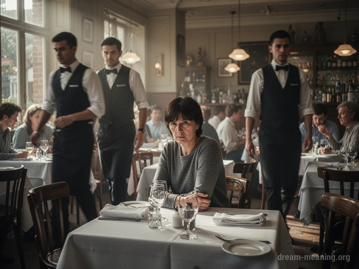 A person sitting alone at a restaurant table while staff move around them.