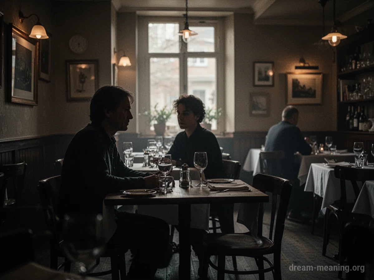 A person sits alone at a restaurant table, with another person visible in the background.