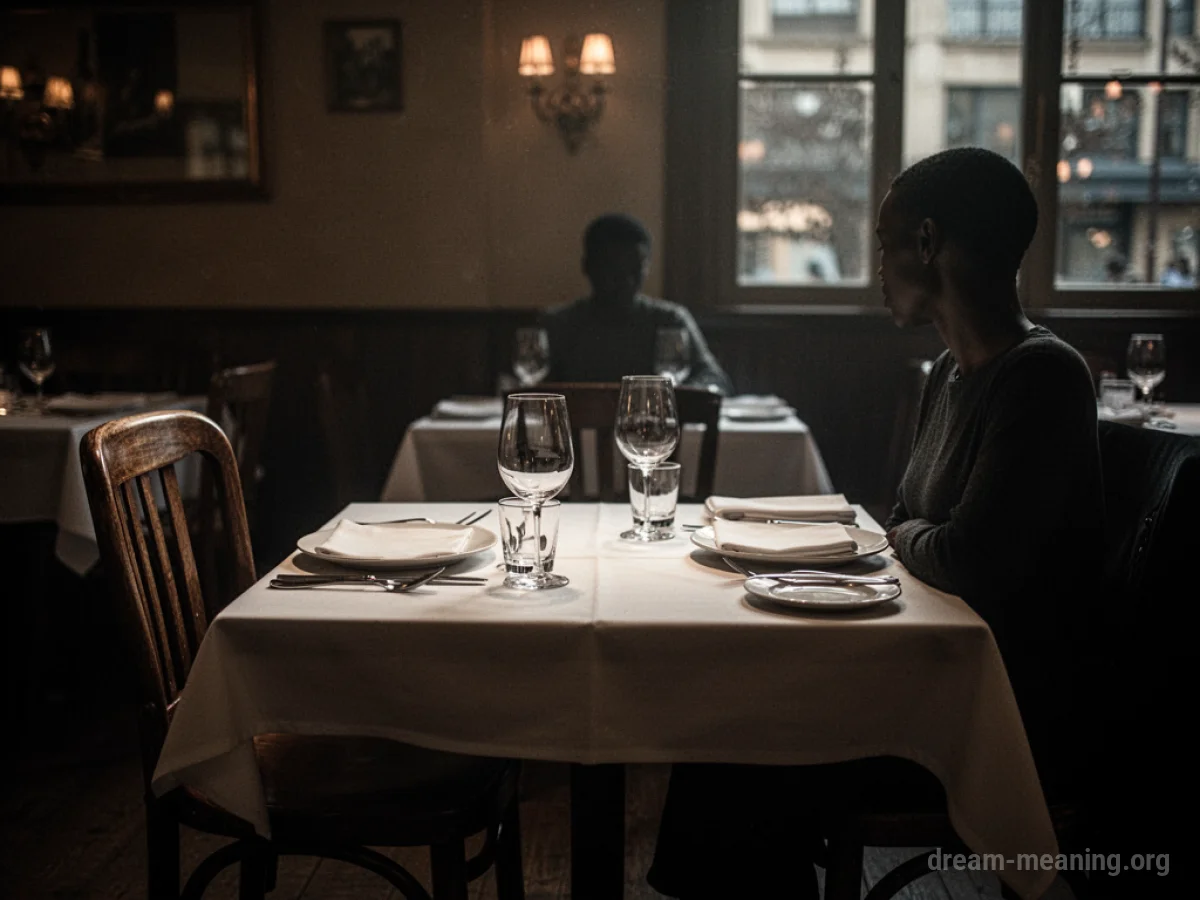 A restaurant table with an empty chair and a faint silhouette.