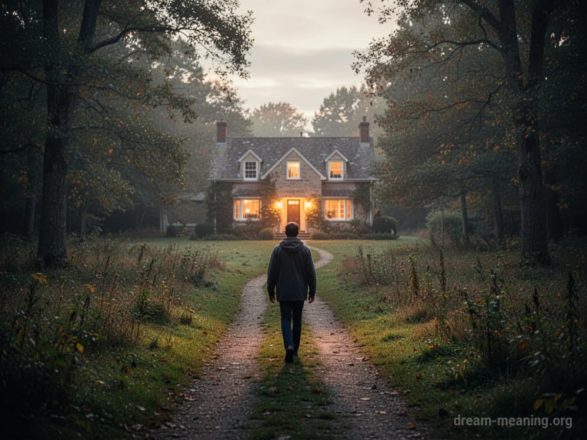 A lone person walks towards a house with glowing windows.