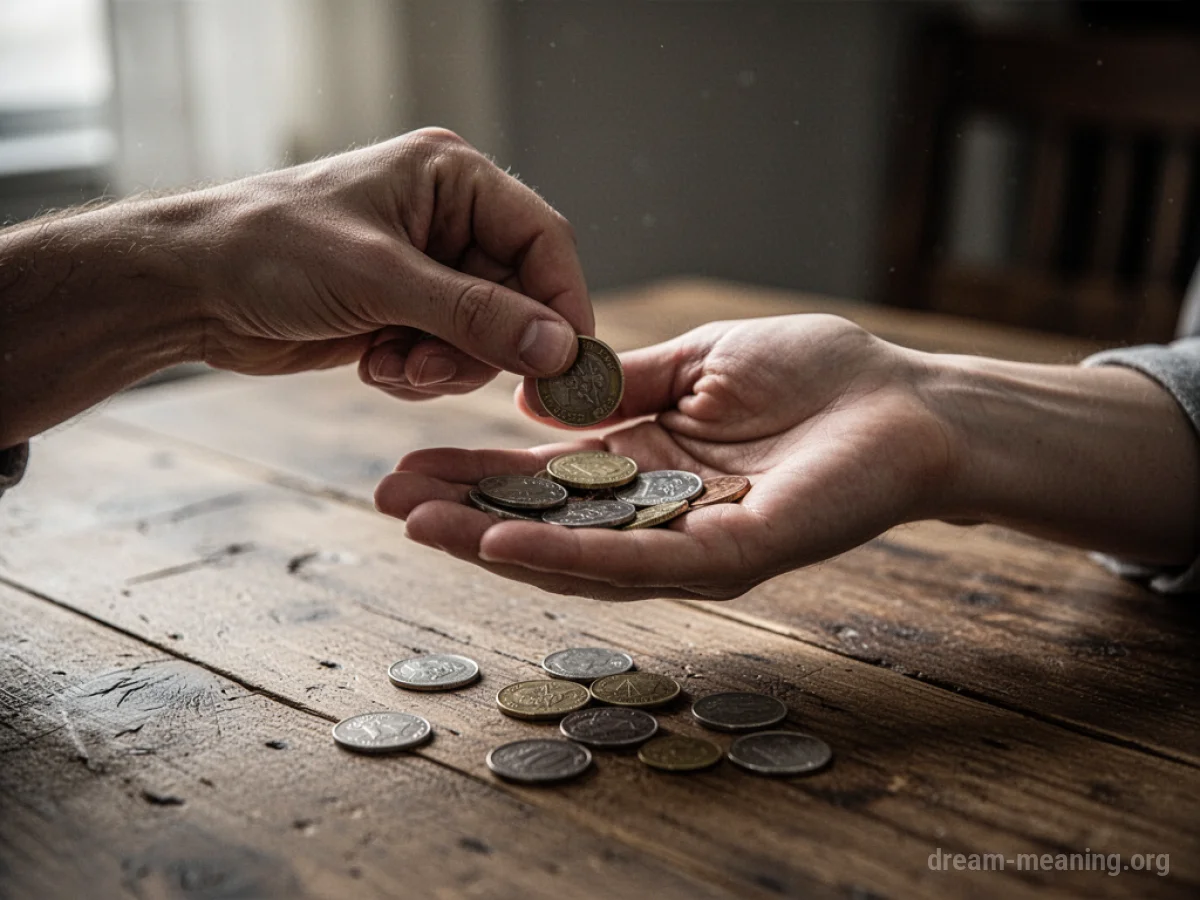 A hand giving coins to another person.