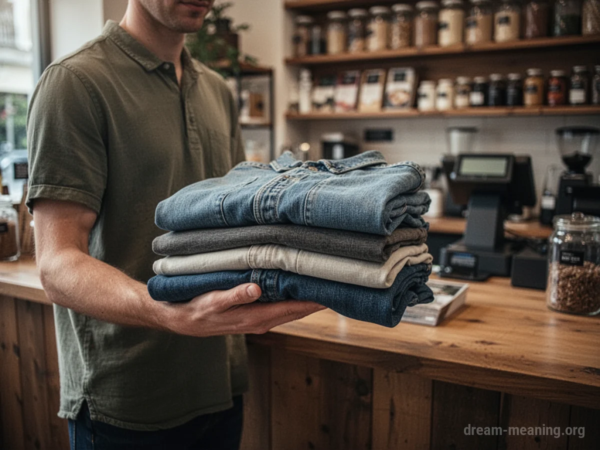 A person holding folded clothes near a store counter.