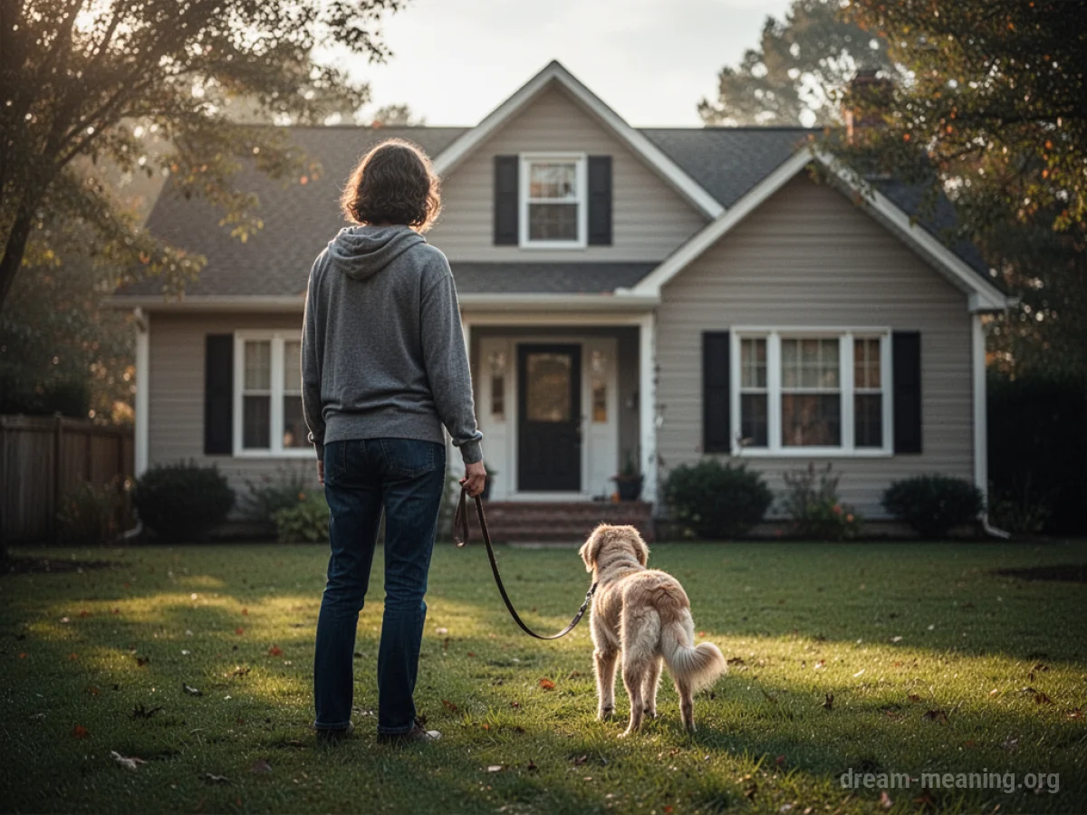 A person holding a dog's leash, looking over their shoulder.