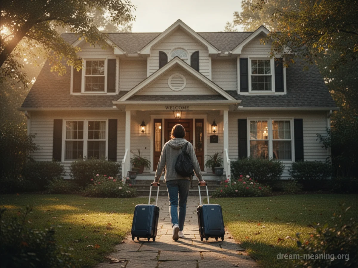 A person with luggage approaching a house.