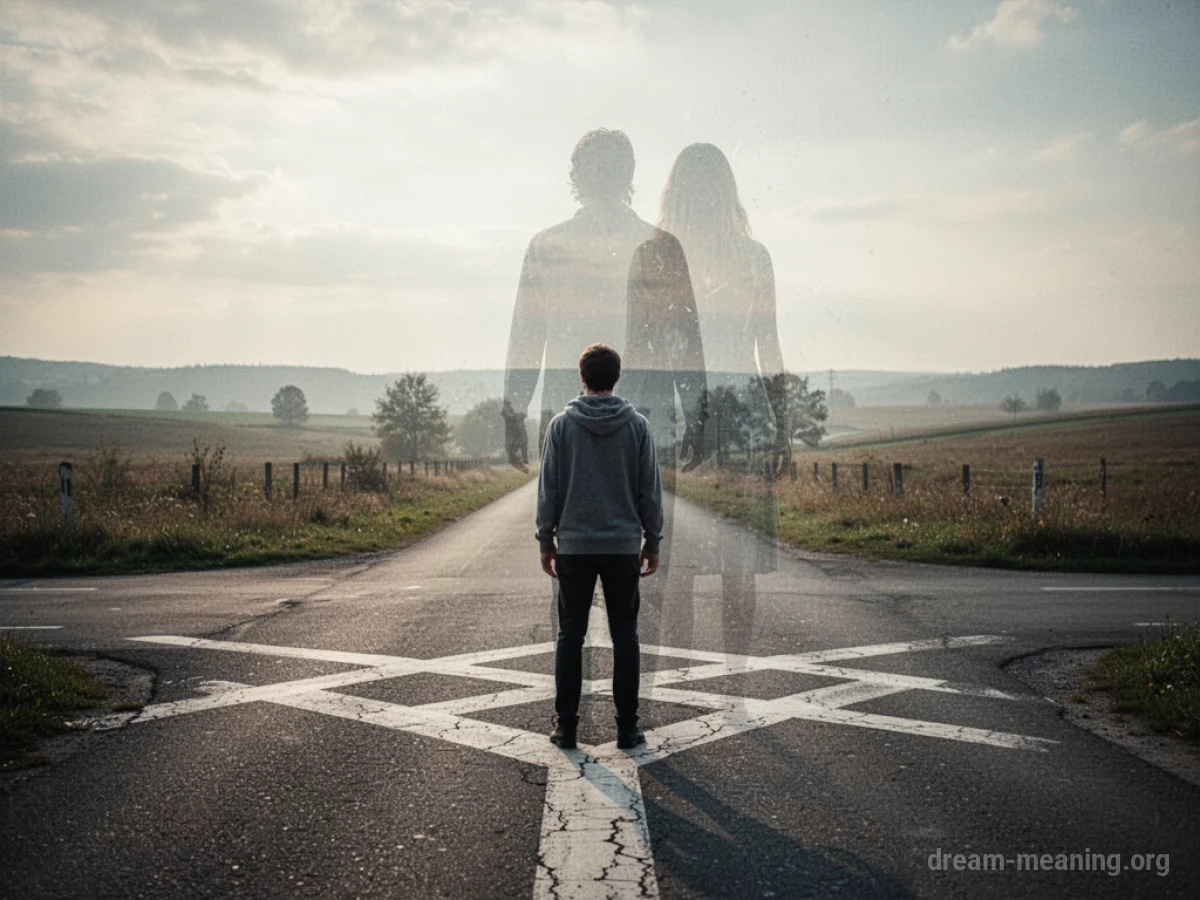 A person stands at a fork in the road, gazing at a faint, ghost-like image of their former self.
