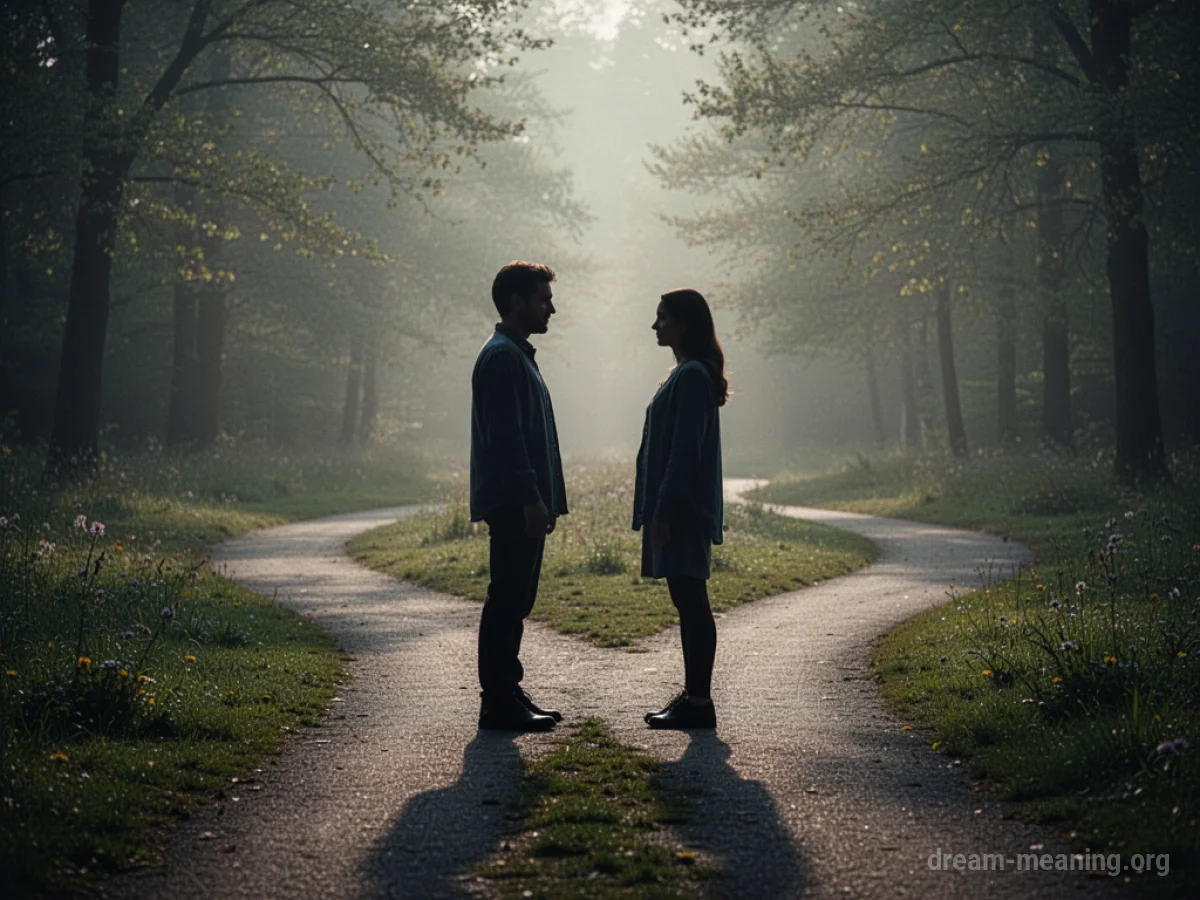 Two figures stand on a path with a slight distance between them.