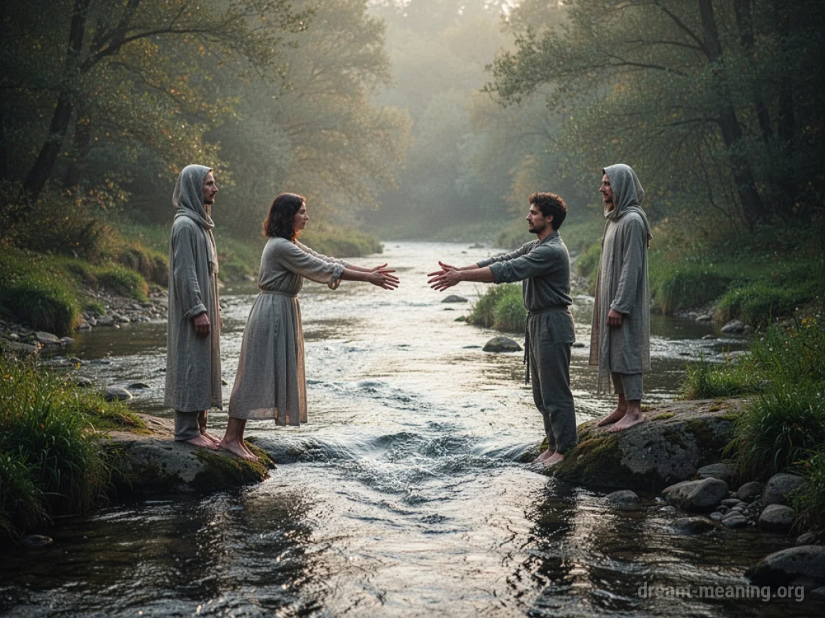 Two silhouetted figures stand on opposite riverbanks, one extending a hand towards the other.